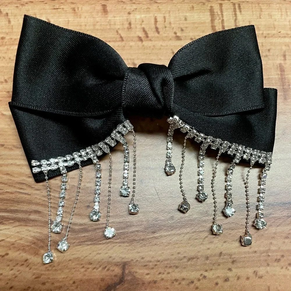 Big Satin Bow Rhinestones French Barrette Hair Clip